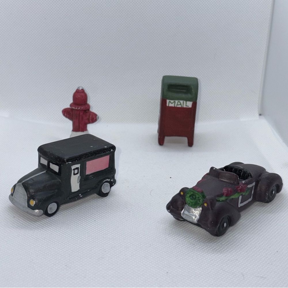 Vintage car, truck, mailbox and fire hydrant set for holiday village.